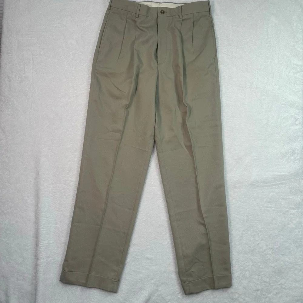 Pleated Dress Pants Mens‎ 32x32 Khaki Tan Cuffed Hem Poly Rayon Blend